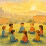 Painting of children meditating and practicing mindfulness on a hillside