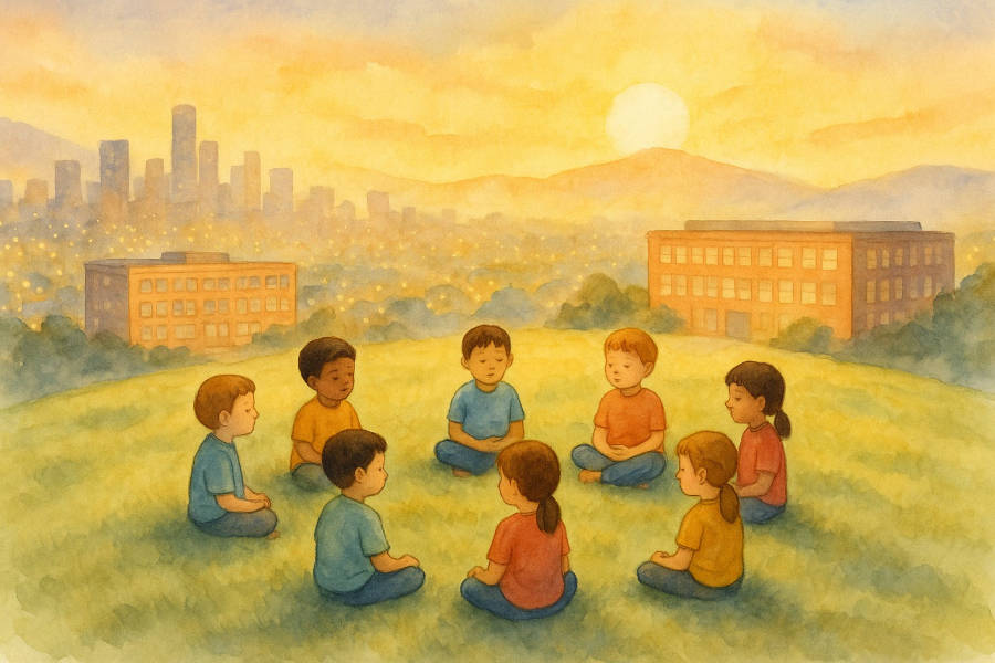 Painting of children meditating and practicing mindfulness on a hillside